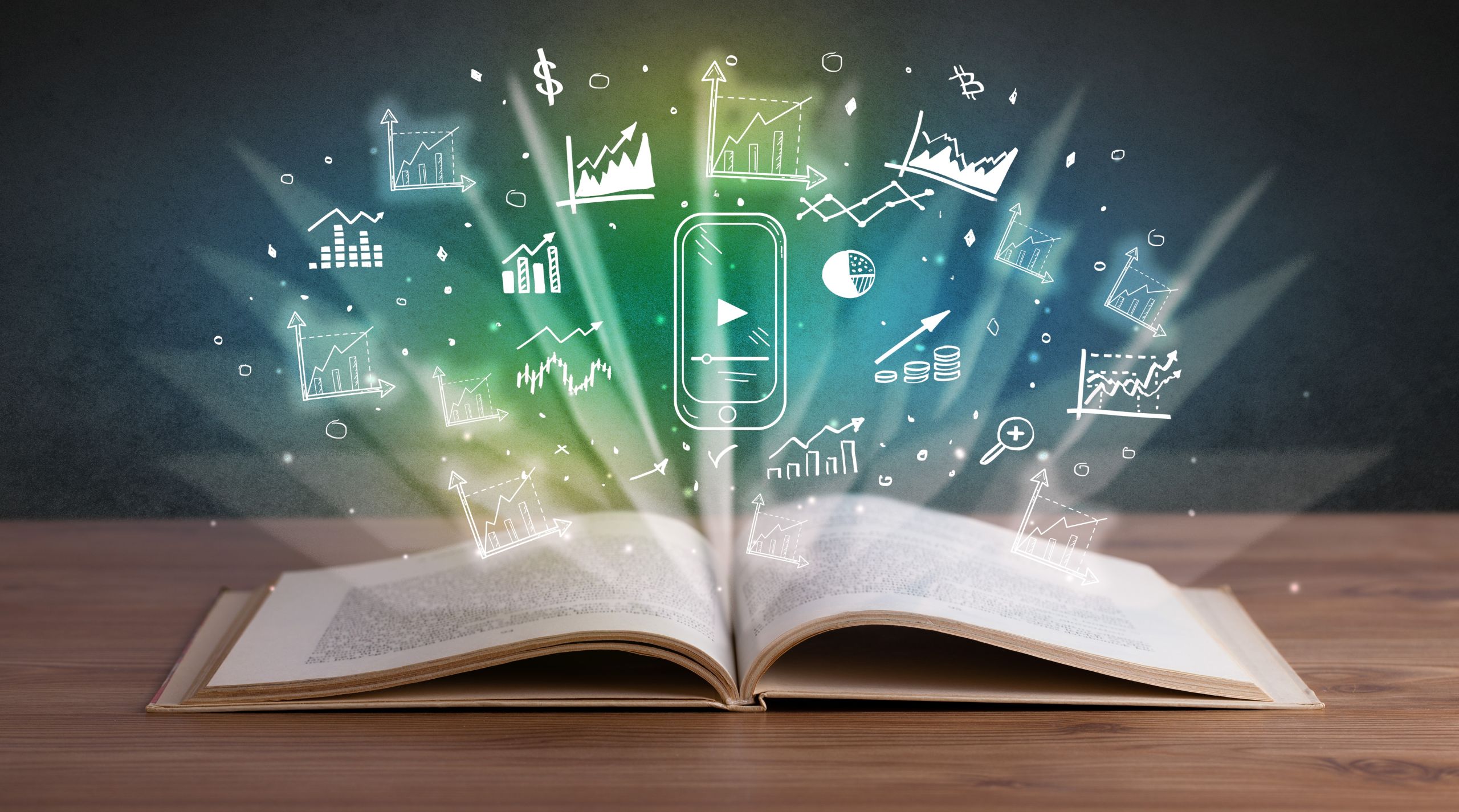 Open,Book,With,Profit,Icons,Above